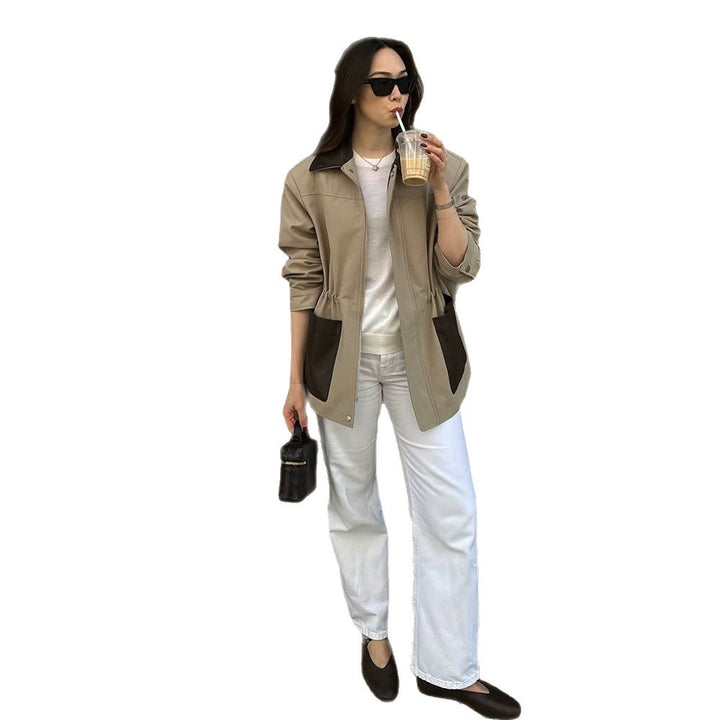 Women Boxy Field Jacket with contrast collar in leather look and appliqued pockets Mune Fashion