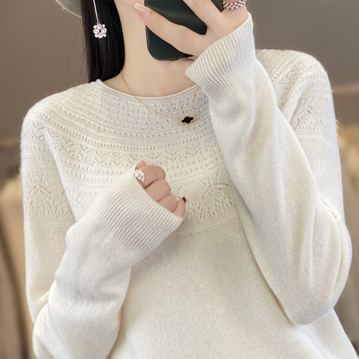 Women's Round Neck Fine Knit Sweater with Structured Yoke and Cashmere Look Mune Fashion