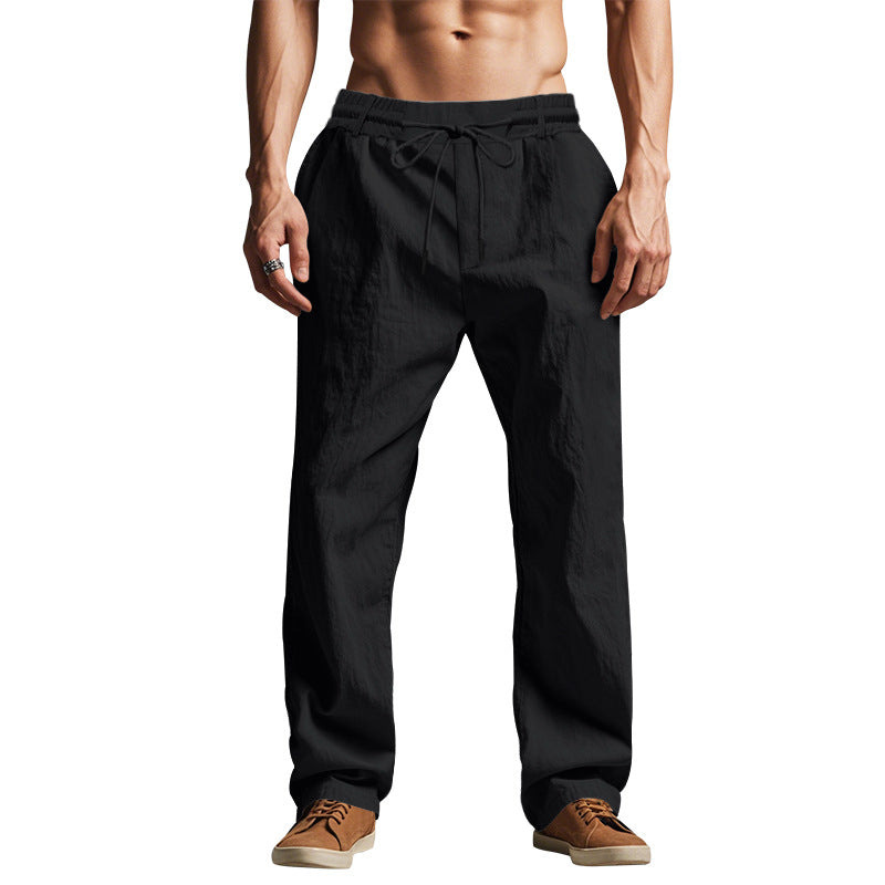 Men's lightweight cotton linen casual pants with drawstring straight cut Mune Fashion