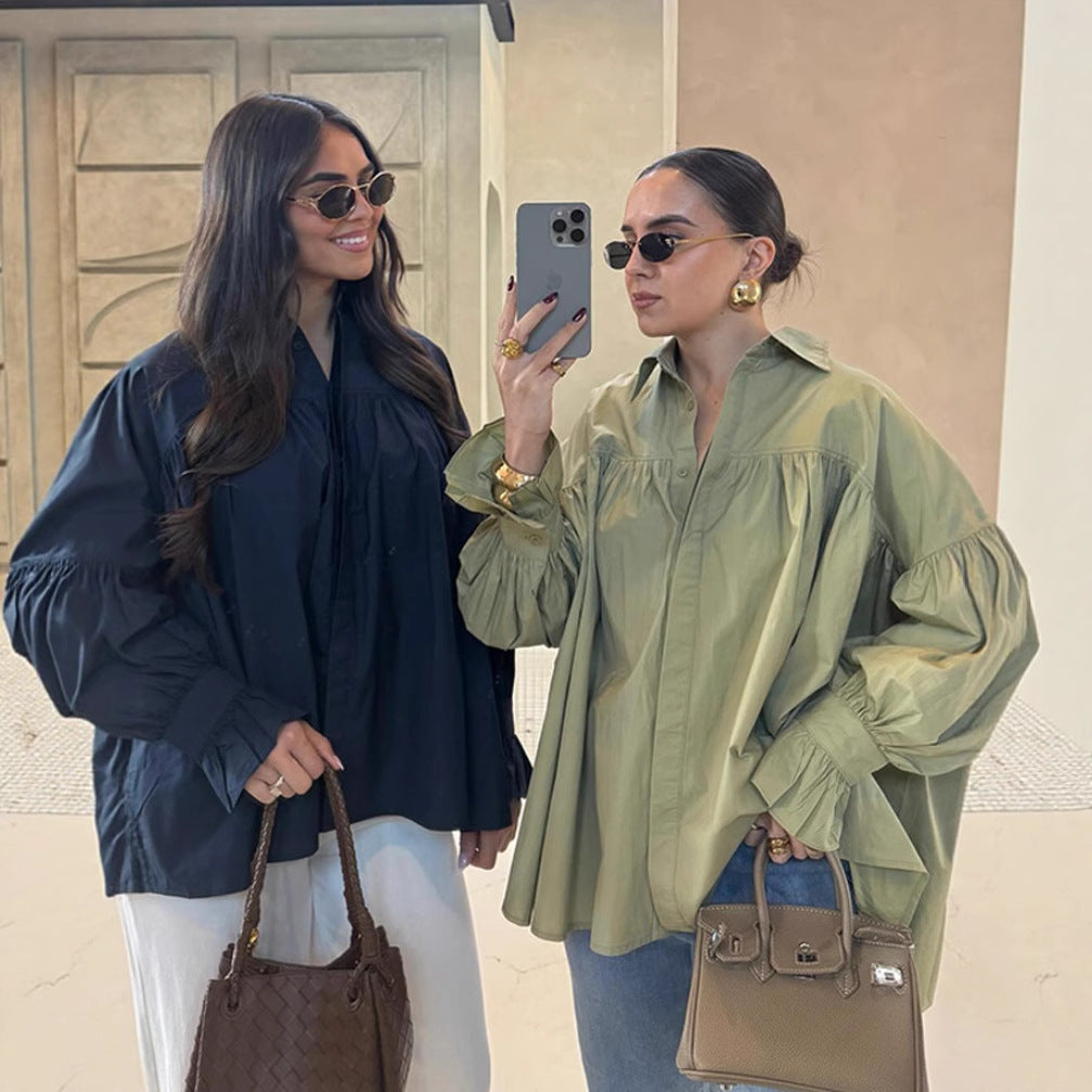 Women nan oversized tunic blouse with concealed button placket, gathered yoke and frill cuff Mune Fashion