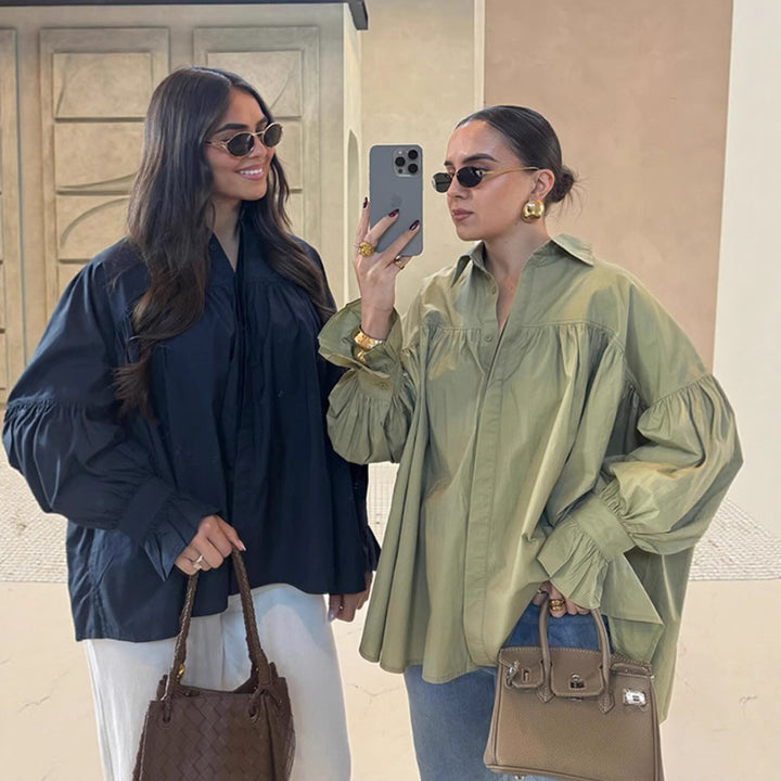 Women nan oversized tunic blouse with concealed button placket, gathered yoke and frill cuff Mune Fashion