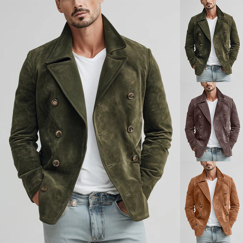 Men's Double-Breasted Suede Jacket in Short Coat Blouson with Prominent Lapels Mune Fashion