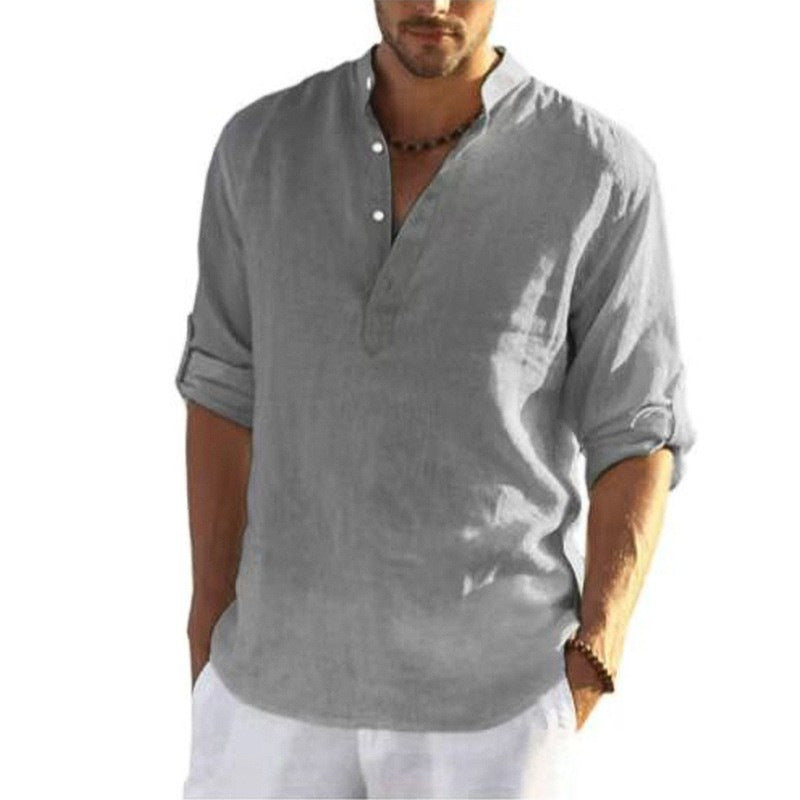 Men's casual linen shirt with stand-up collar, half placket, and roll-up sleeves Mune Fashion