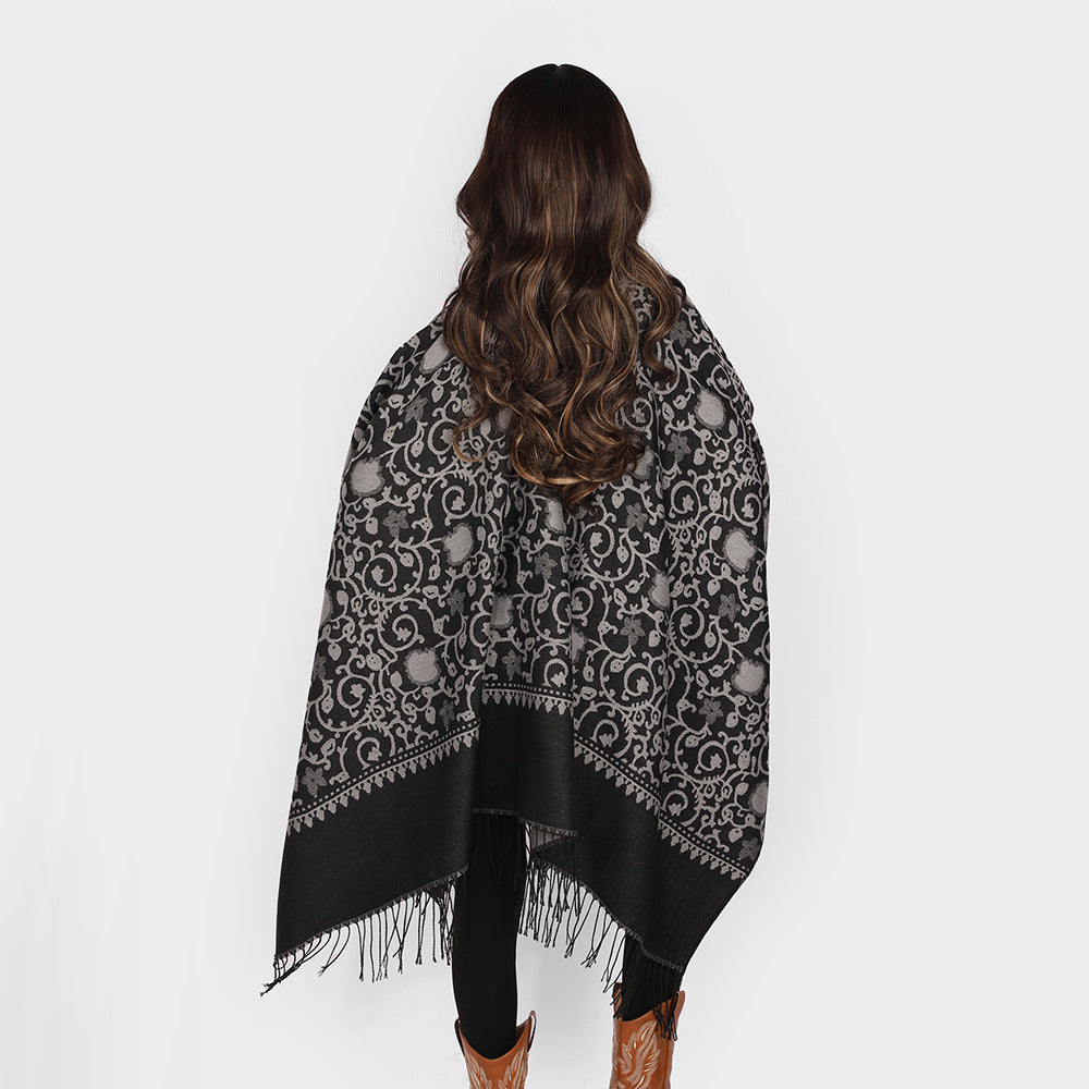 Women's Jacquard Ruana with ornamental border pattern and fringe hem Mune Fashion