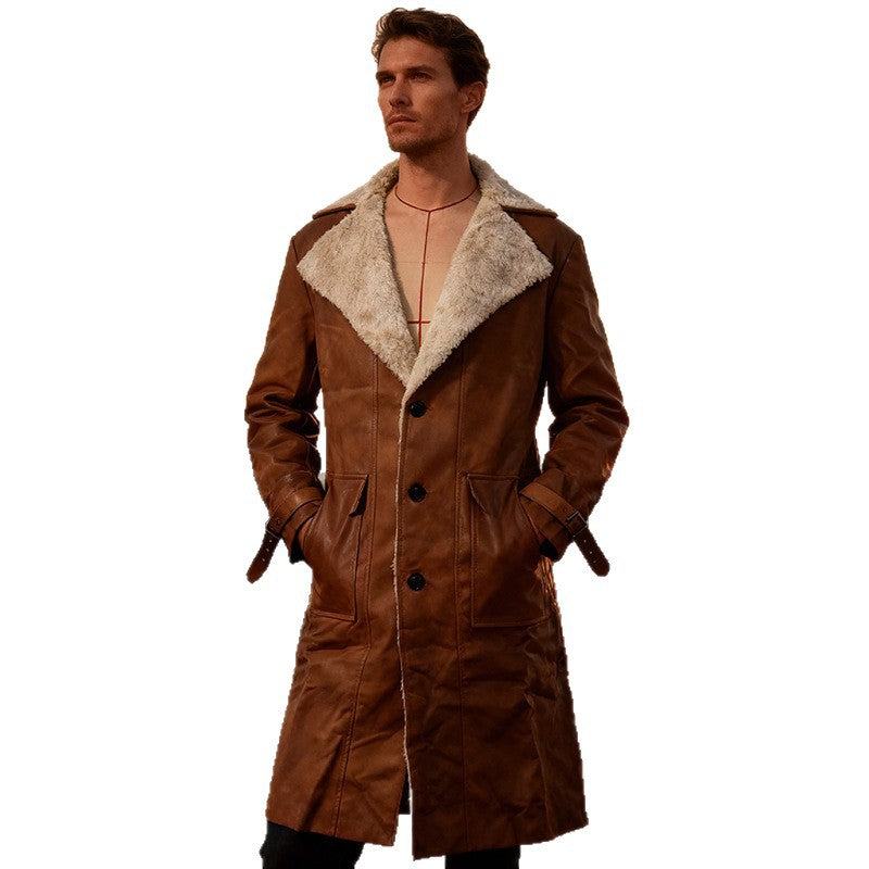 Men's Long Vintage Faux Leather Coat with Teddy Lining and Adjustable Buckle Cuffs Mune Fashion