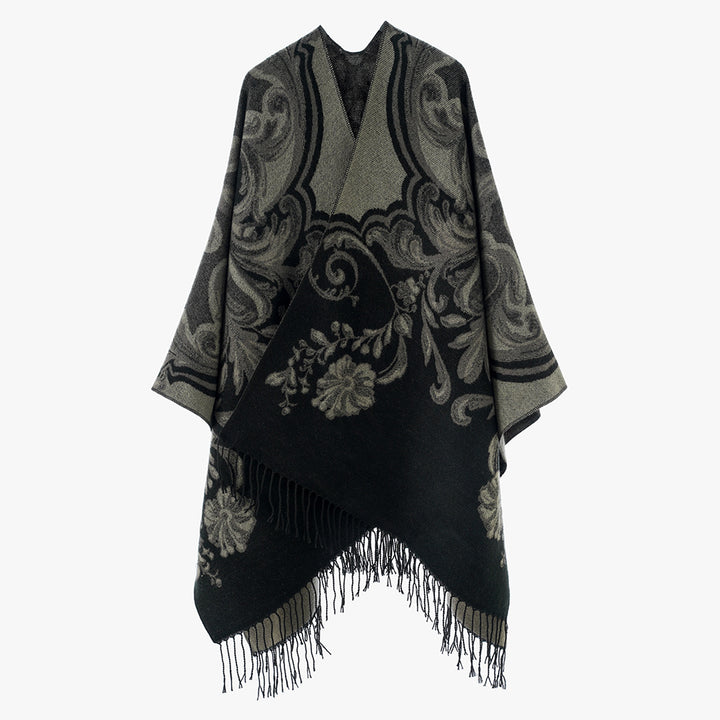 Women Jacquard Poncho Wrap in Baroque Pattern with Fringes Mune Fashion