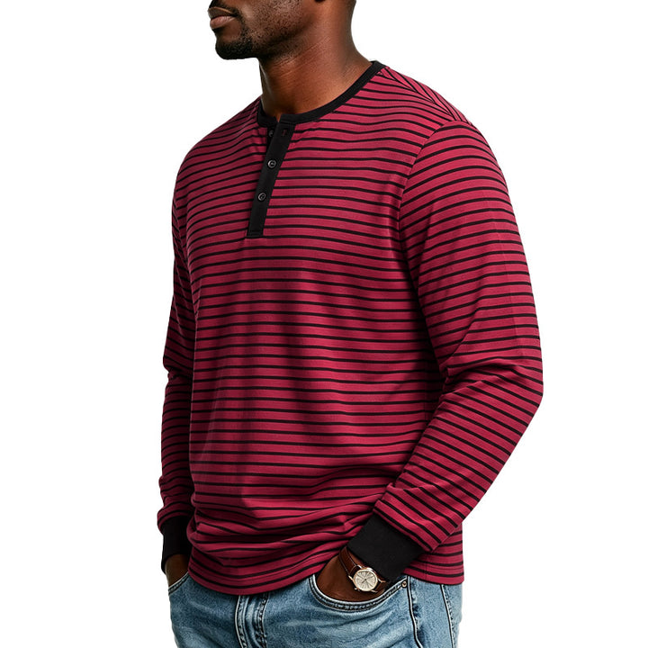 Men Striped Long Sleeve Henley Shirt Made of Cotton Blend with Button Placket Mune Fashion