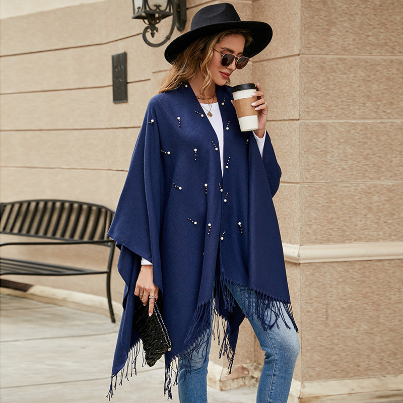 Women Elegant Embroidered Wool Blend Poncho Cape with Bead Trim Mune Fashion