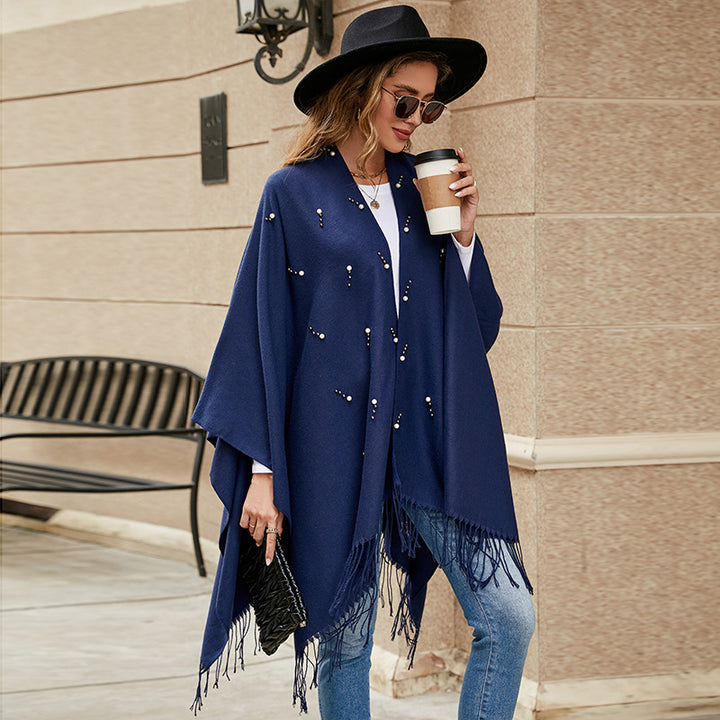 Women Elegant Embroidered Wool Blend Poncho Cape with Bead Trim Mune Fashion
