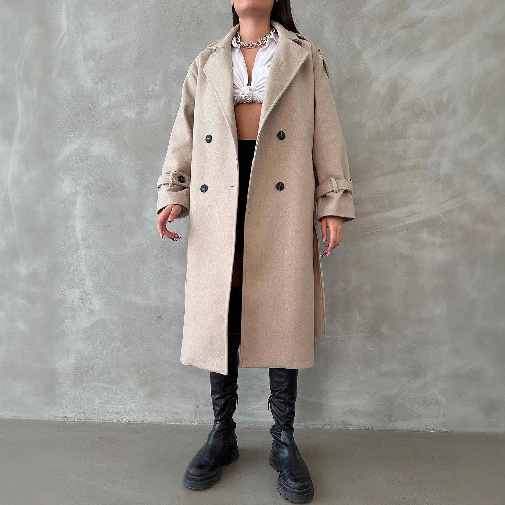 Women's Oversized Wool Blend Coat with Double-Breasted Button Placket and Waist Belt Mune Fashion