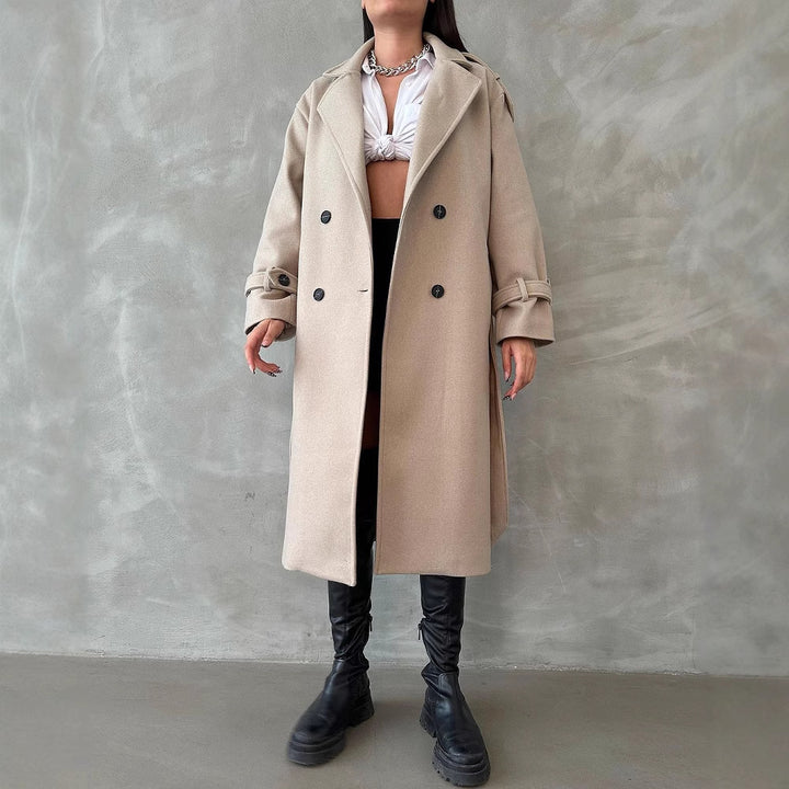 Women's Oversized Wool Blend Coat with Double-Breasted Button Placket and Waist Belt Mune Fashion