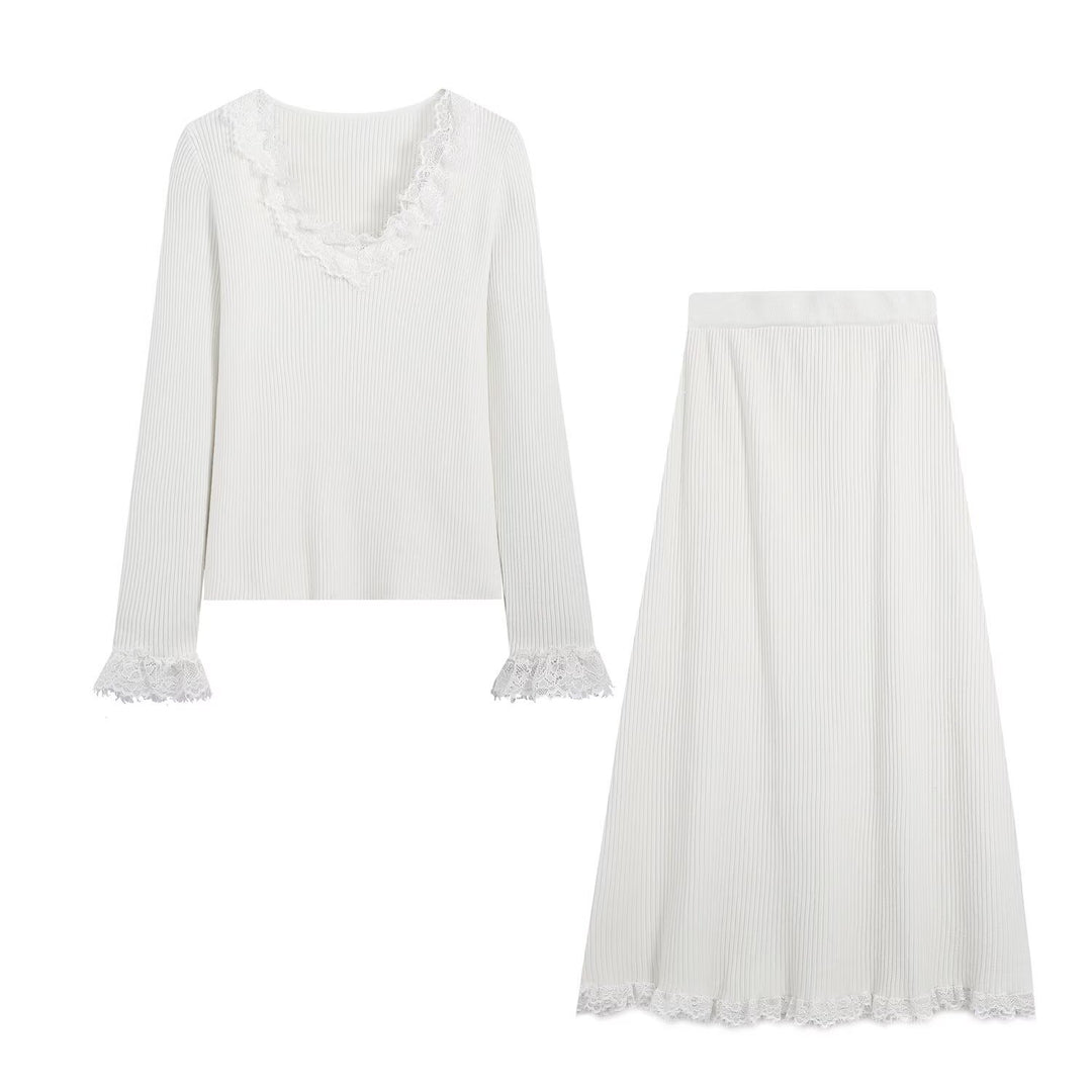 Women Two-Piece Ribbed Knit Set with Lace Trim Mune Fashion