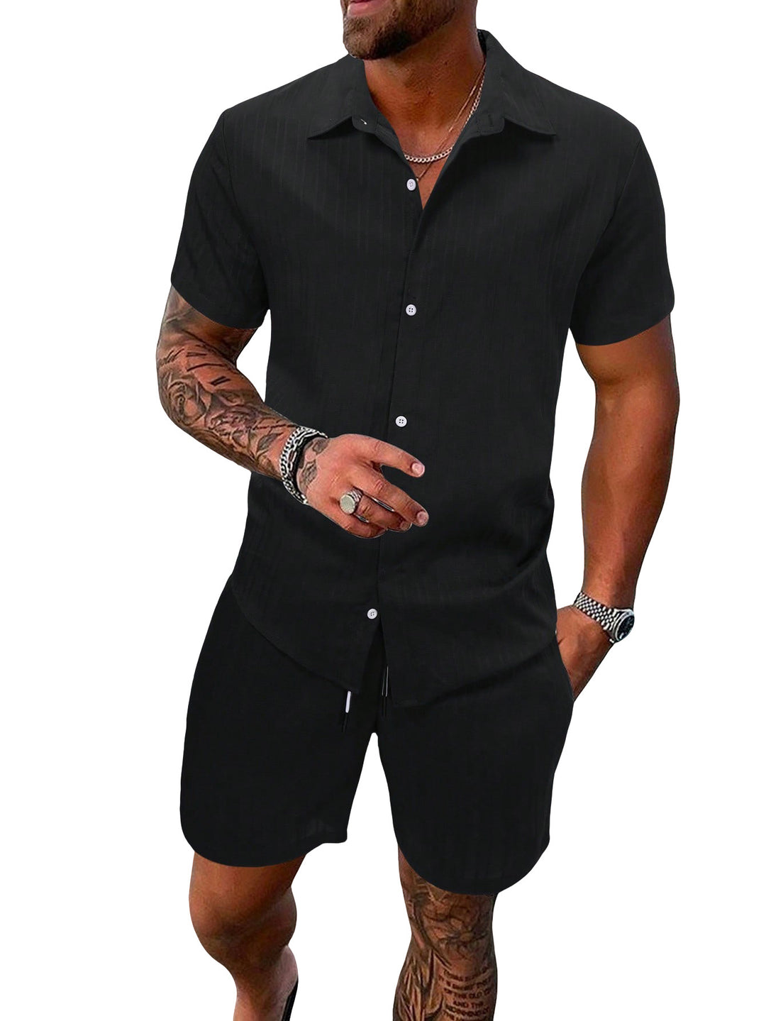 Men's lightweight short-sleeve shirt with open collar and matching casual shorts made of textured cotton blend Mune Fashion