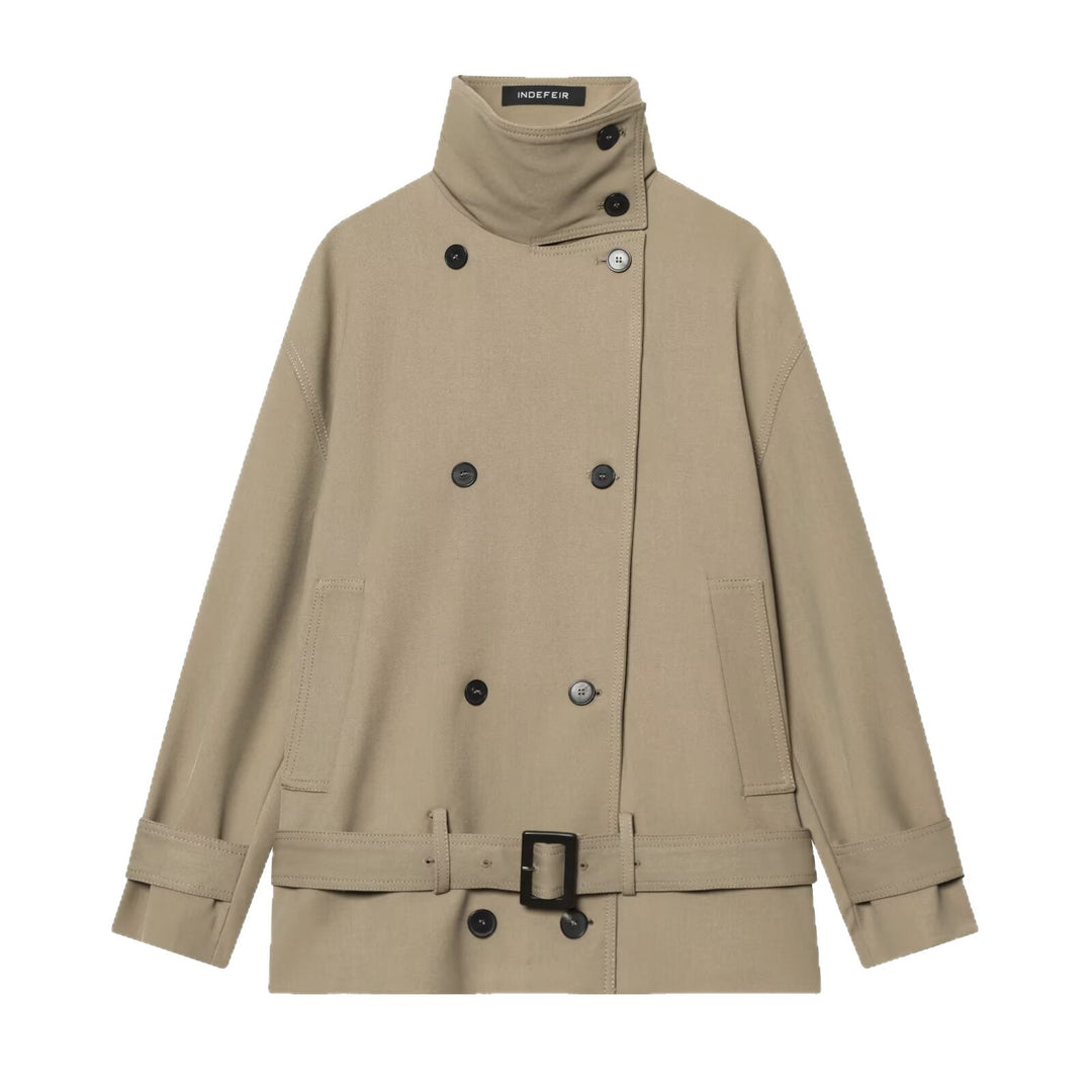 Women's short trench coat with double-breasted button placket, waist belt, and high standing collar Mune Fashion