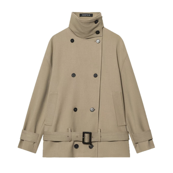 Women's short trench coat with double-breasted button placket, waist belt, and high standing collar Mune Fashion