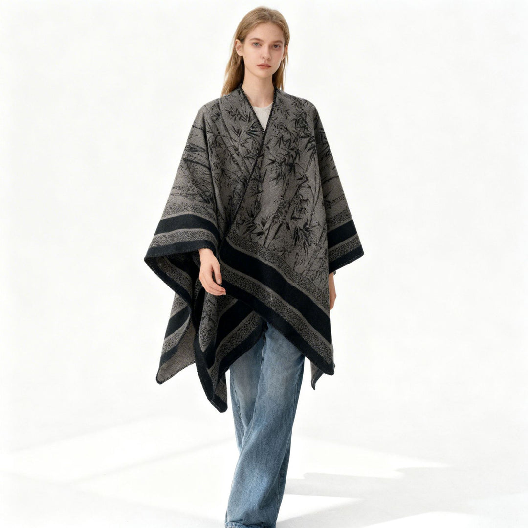 Women's Jacquard Poncho in Cape Style with Bamboo Design and Open Front Mune Fashion