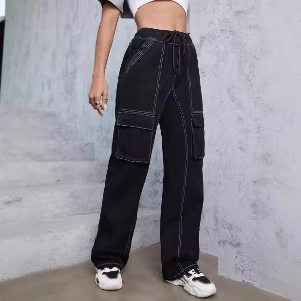 Women’s utilitarian denim cargo pants with contrast stitching and drawstring Mune Fashion