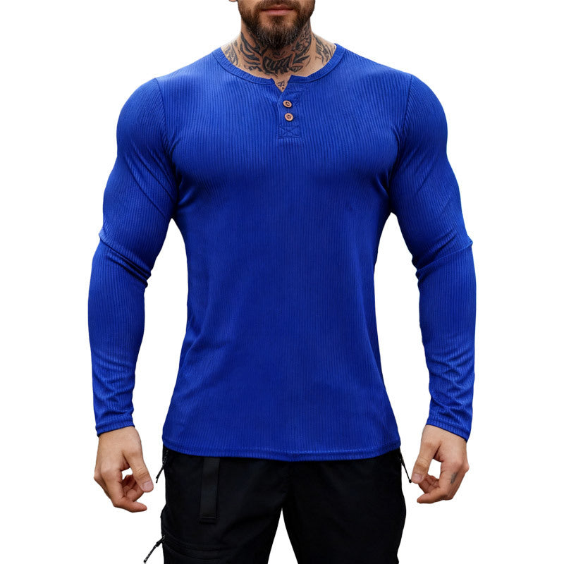 Men's ribbed long-sleeve Henley shirt with flat button placket and fitted stretch fit Mune Fashion