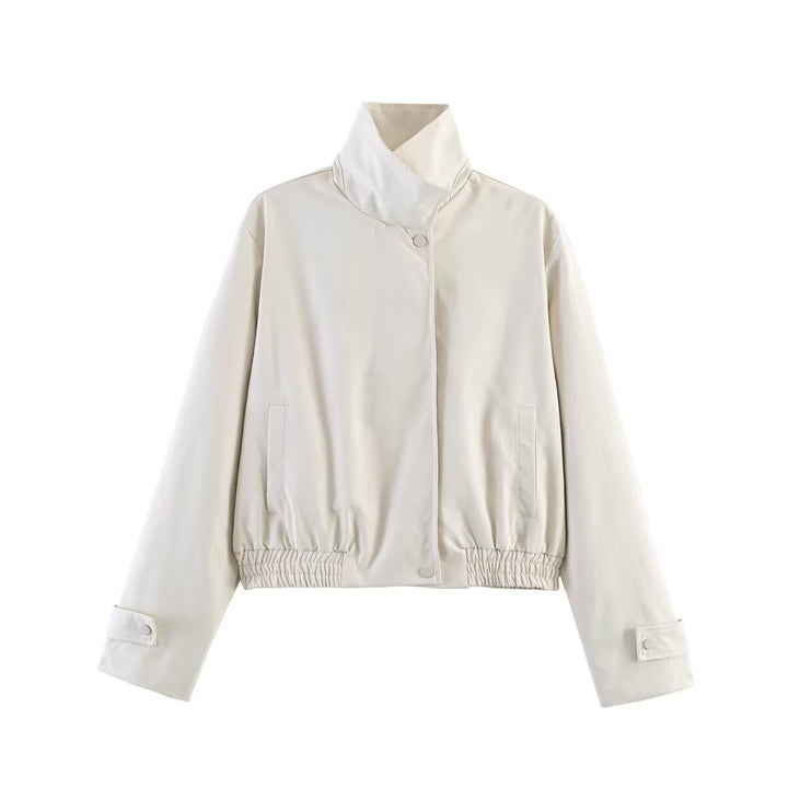 Women’s short-cut minimalist blouson jacket made of soft vegan leather with a lapel collar and elastic hem Mune Fashion