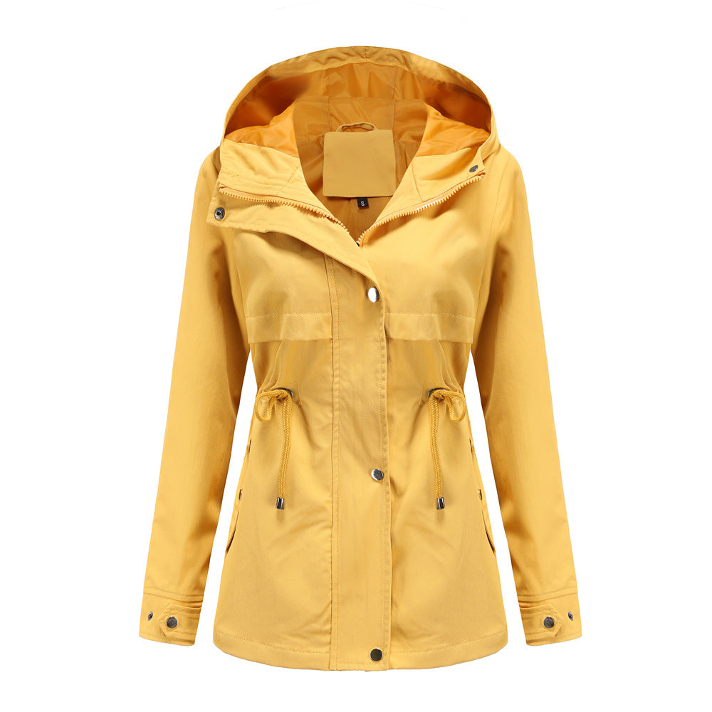 Women's breathable transitional jacket with hood, waist drawstring and concealed snap button placket Mune Fashion
