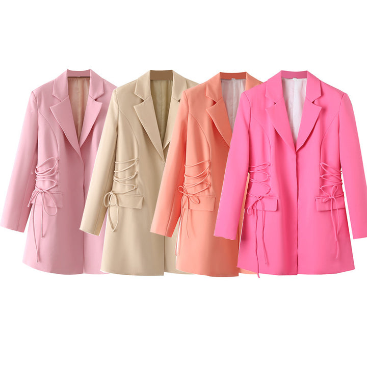 Women's tailored long blazer with side lacing and flap pockets Mune Fashion