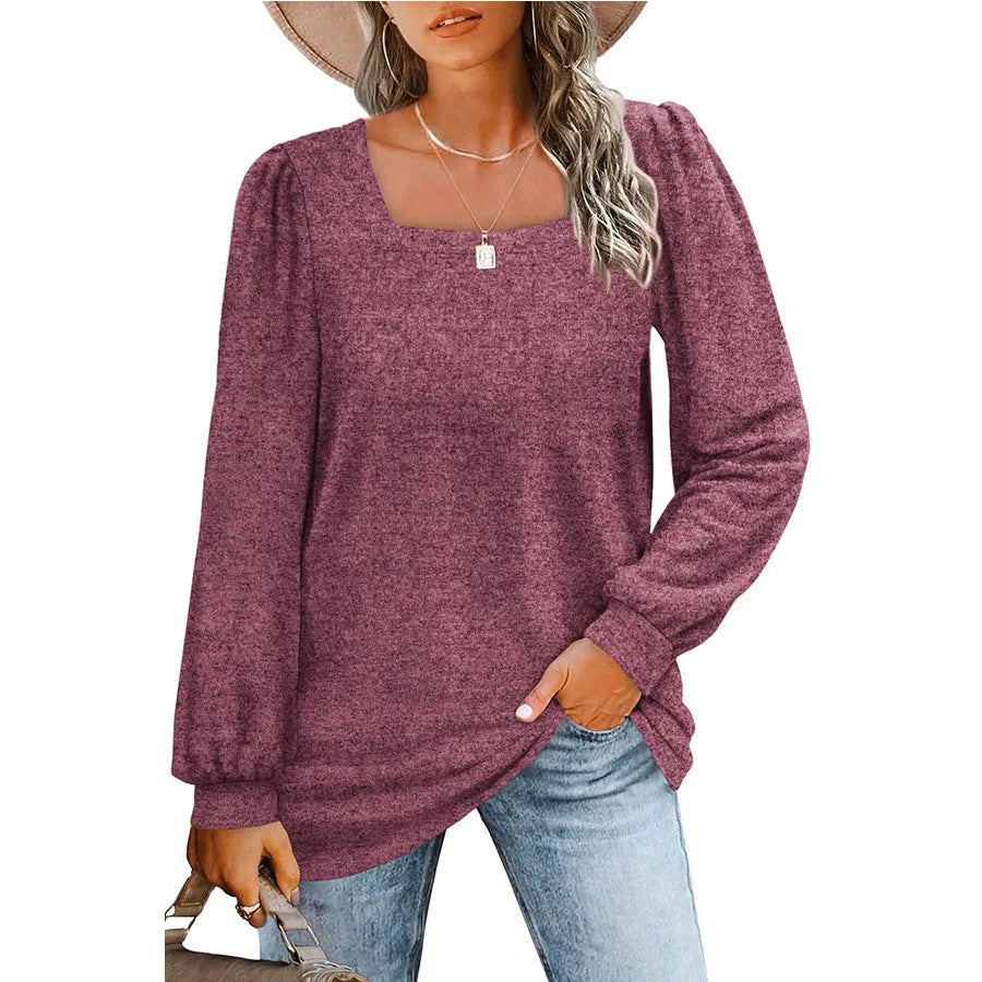 Women's relaxed fine-knit sweater with square neckline, puff shoulder, and cuffs