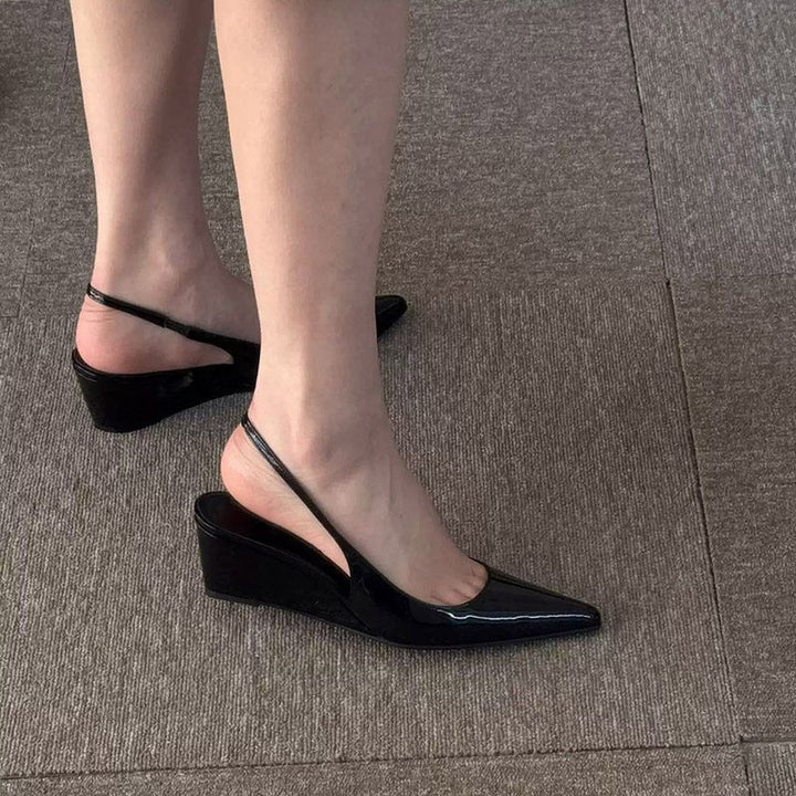 Women's pointed toe patent slingback wedges with low wedge heel Mune Fashion