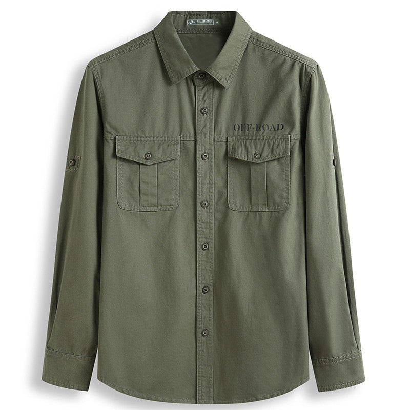 Men's classic safari field shirt with ventilation eyelets, sleeve elevator, and double flap chest pockets.