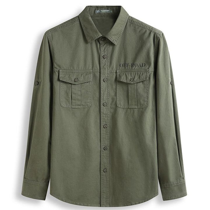 Men's classic safari field shirt with ventilation eyelets, sleeve elevator, and double flap chest pockets.
