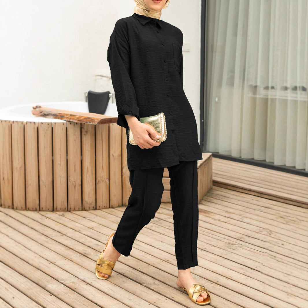Women Long Tunic Shirt with Kent Collar and Continuous Button Placket Drune