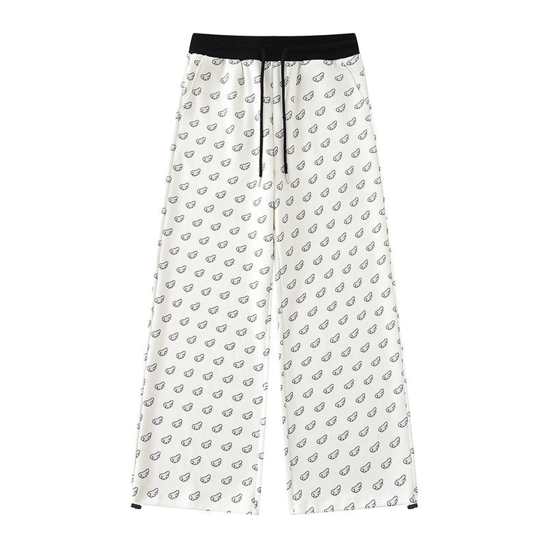 Women's Wide Palazzo Lounge Pants with Elastic Comfort Waistband, Drawstring and Allover Mini Icon Print Mune Fashion