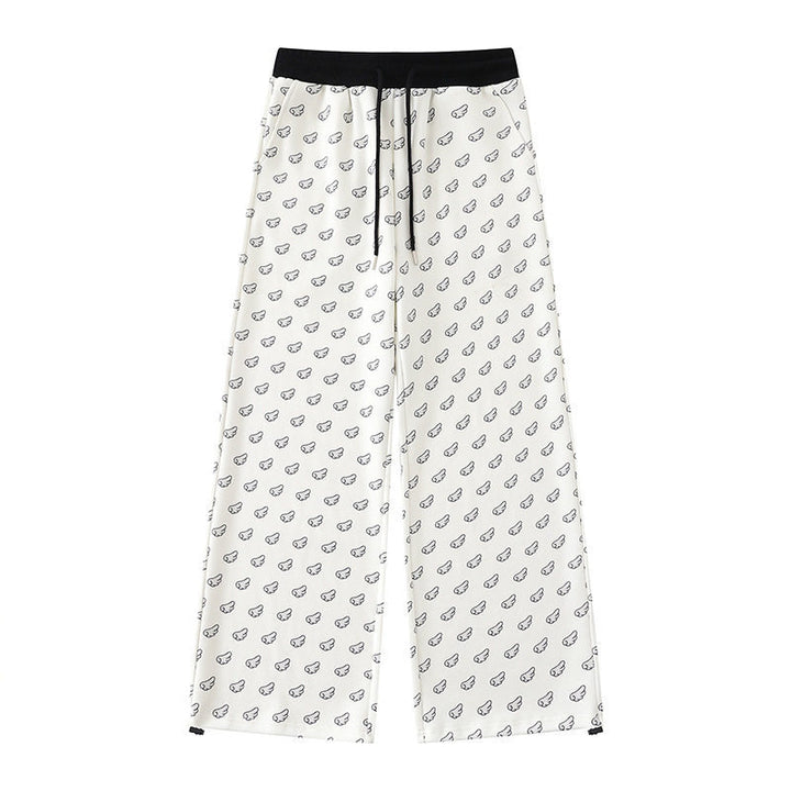 Women's Wide Palazzo Lounge Pants with Elastic Comfort Waistband, Drawstring and Allover Mini Icon Print Mune Fashion