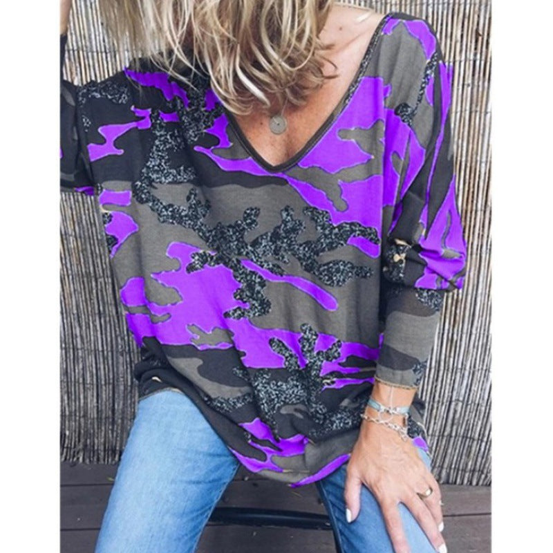 Women's Oversize V-Neck Long Shirt with Camouflage Print and Glitter Trim Mune Fashion