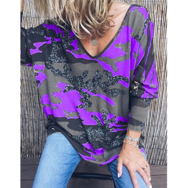 Women's Oversize V-Neck Long Shirt with Camouflage Print and Glitter Trim Mune Fashion