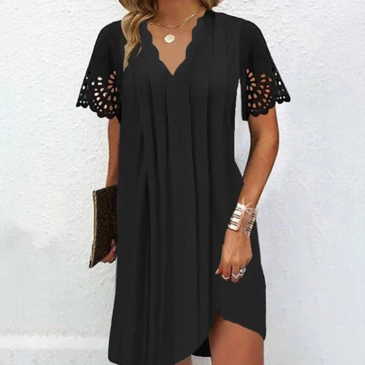 Women's A-line short dress with wavy V-neck, lace embroidery sleeves and asymmetrical hem Mune Fashion