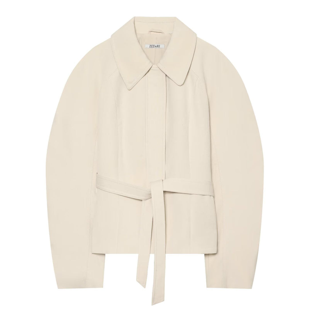 Women's cropped jacket in minimalist trench style with wide shirt collar and tie belt Mune Fashion