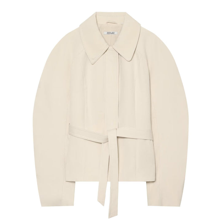 Women's cropped jacket in minimalist trench style with wide shirt collar and tie belt Mune Fashion