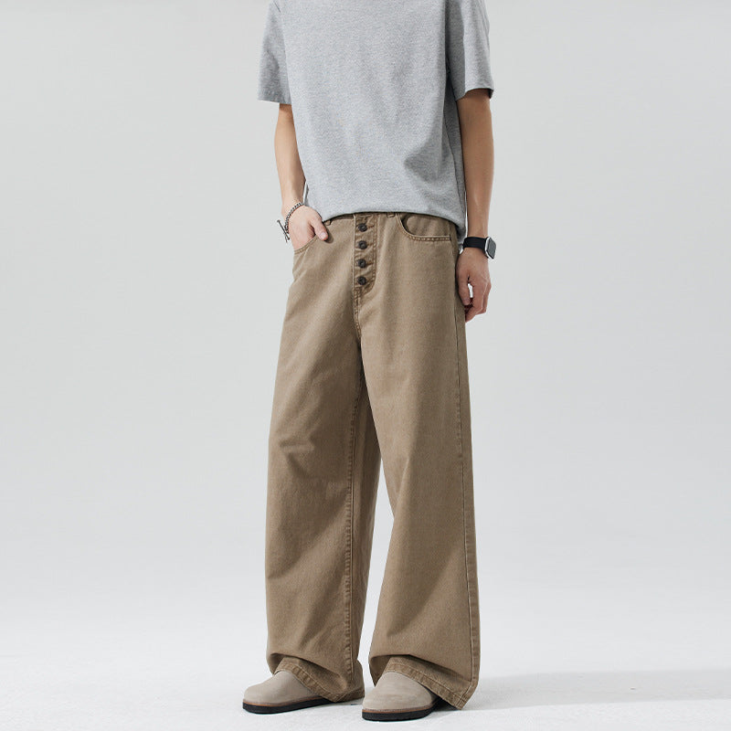 Men's Extra Wide Denim Pants with Visible Button Placket and Floor-Length Palazzo Cut Mune Fashion