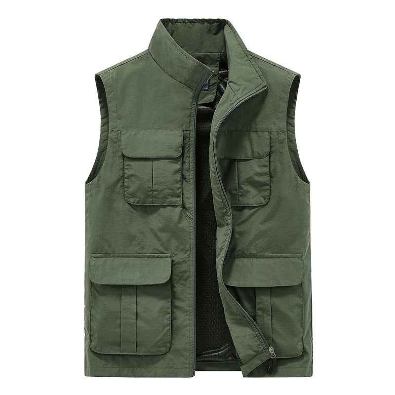 Men's Multifunctional Canvas Utility Vest with High Stand Collar and Multiple Flap Pockets Mune Fashion