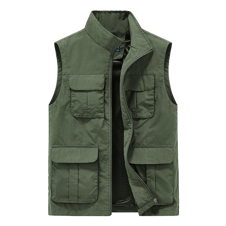 Men's Multifunctional Canvas Utility Vest with High Stand Collar and Multiple Flap Pockets Mune Fashion