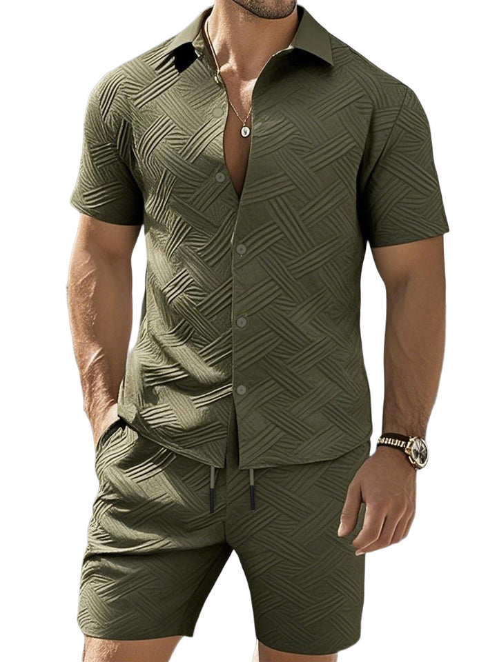 Men's nan geometric embossed short sleeve shirt and Bermuda two-piece set with shirt collar and drawstring Mune Fashion