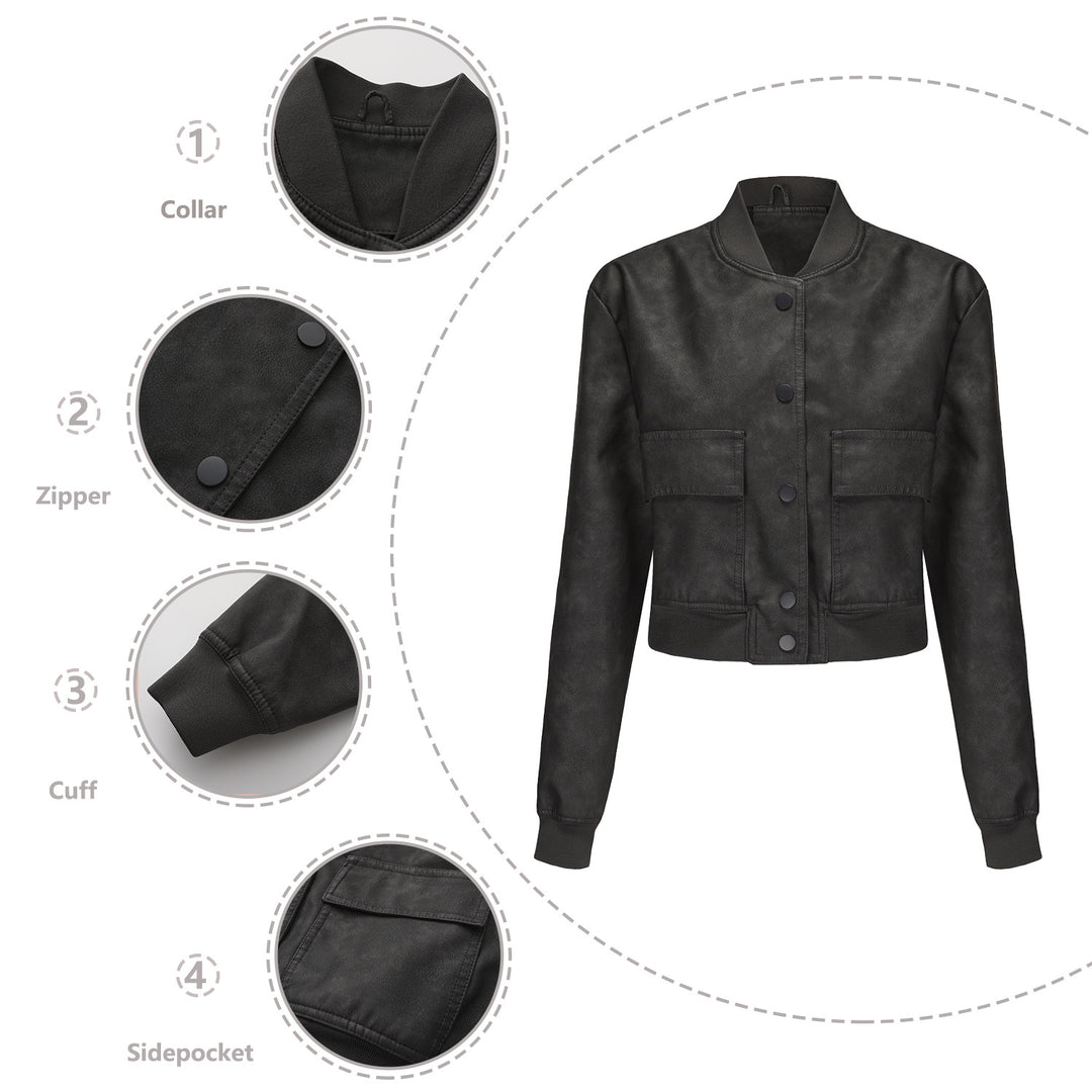 Women's short crop faux leather jacket in blouson style with snap front and flap pockets Mune Fashion
