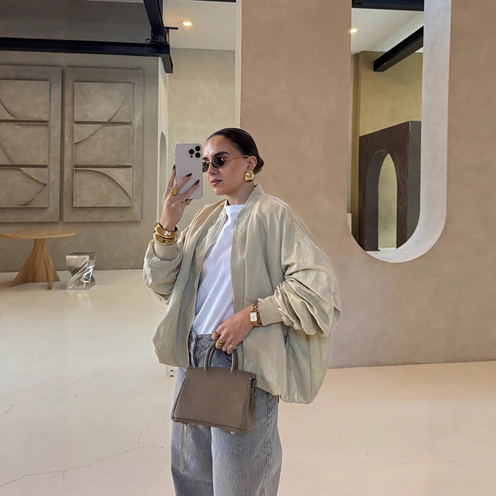Women Oversize Bomber Jacket with drawstring, ribbed cuffs and lightweight nylon finish Mune Fashion