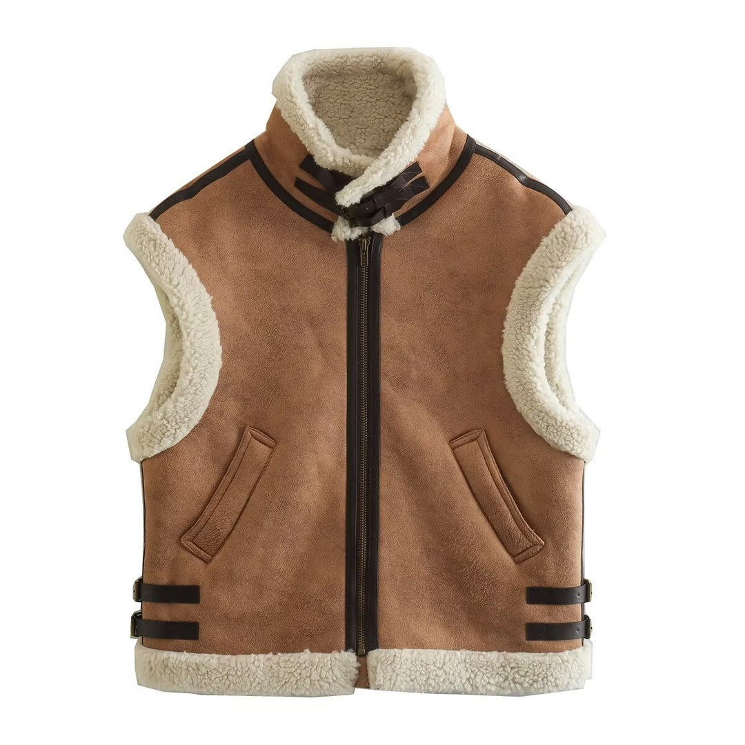 Women's padded lambskin look vest with stand-up collar, zipper and side buckle straps Mune Fashion