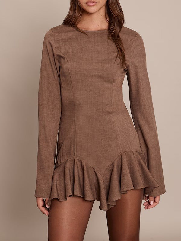 Women's Figure-Hugging Long Sleeve Mini Dress with Tailored Seams and Ruffle Hem