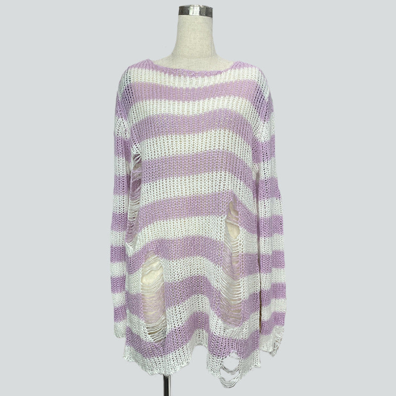 Women's oversized chunky knit sweater with wide block stripes and distressed design Mune Fashion