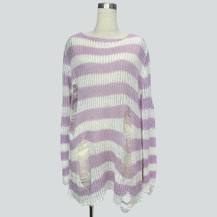Women's oversized chunky knit sweater with wide block stripes and distressed design Mune Fashion