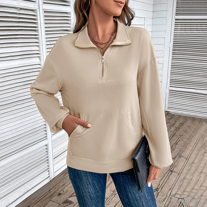 Women's Lightweight Half-Zip Sweatshirt in Relaxed Fit with Kangaroo Pocket and Stand-Up Collar Mune Fashion