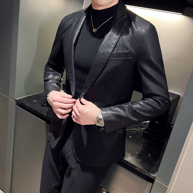 Men's Elegant Slim-Fit Faux Leather Blazer with Lapel Collar and Flap Pockets Mune Fashion