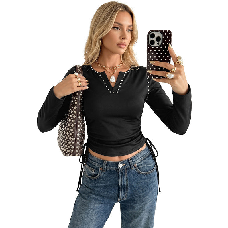 Women Elegant Long Sleeve Top with Pearl Decoration Mune Fashion